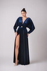 Deep plunge velour maxi dress with signature Cherine Fakhry belt and gold button details